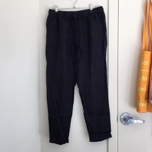 Navy linen trousers elastic waist and drawstring